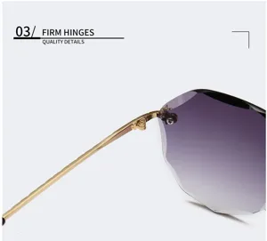 Detail shot of rimless sunglasses featuring durable metal hinge and fine craftsmanship.