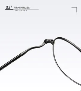 Metal eyeglasses frame hinge detail shot, curved temple design, clear specifications.