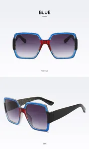 Lunettes de soleil grand carré tendance avec monture pailletée bleue et verres dégradés détail.