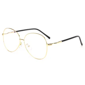 Stylish gold metal frame clear glasses with round rims and black curved temples for students.