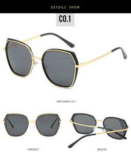 Multi-angle detailed view of stylish polygonal sunglasses featuring chic black and gold metal frames.