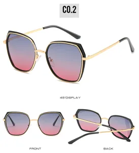 Women stylish polygonal sunglasses with gradient lenses and black gold metal frames detail view.