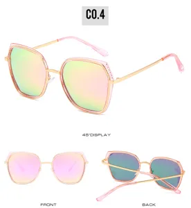 Fashion polygon metal frame sunglasses for women with gradient colorful lenses and chic pink details