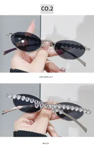 Y2K Metall ovale Sonnenbrille mit funkelnder Kristall Herz Kette, trendige Damen Brille.
