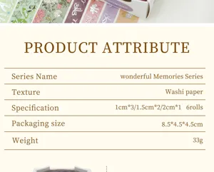 Carte de spécification des attributs du produit pour le lot de rubans washi.