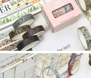 Herfstbladeren serie washi tape detailopname, decoratieve masking tapes met plantenprint.