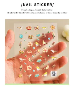 3D-geëmbosseerde nagelstickers met schattige vogels en bloemen, doorzichtige DIY manicure decoratie.