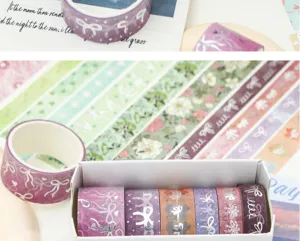 Ensemble de rubans adhésifs washi décoratifs avec des motifs floraux et nœuds pour le bricolage.