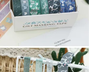 Kit de rubans adhésifs Washi décoratifs argentés avec motifs floraux pour loisirs créatifs.