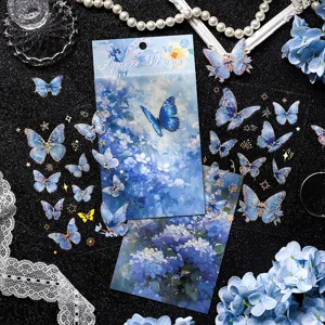 Blauwe vlinder sticker set voor journaling en knutseldecoratie, prachtig goudfolie design.