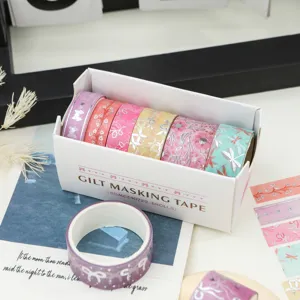 Kit de ruban adhésif Washi décoratif avec motifs dorés, idéal pour carnets et loisirs.