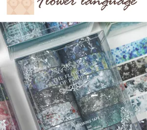 Exquis ensemble de rubans washi dorés en boîte transparente, idéal pour vos loisirs créatifs.