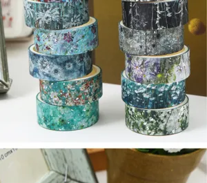 Kit de ruban adhésif Washi décoratif floral avec feuille dorée pour journal et loisirs créatifs.