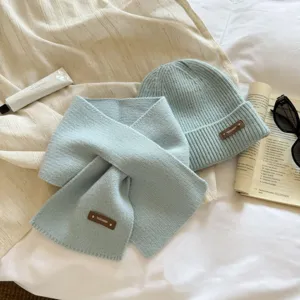 Light blue knit beanie and cross scarf set, cozy winter warm knitted hat and neck warmer.