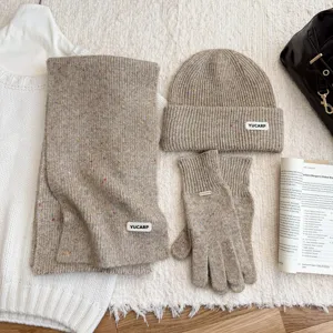 Ensemble écharpe, bonnet et gants en tricot chiné, détail de vêtements d'hiver chauds.