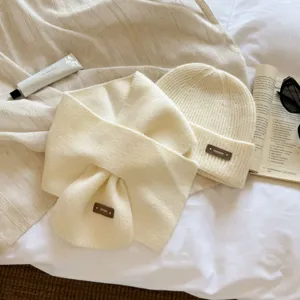 Women knit winter scarf and beanie hat set cozy warm cross scarf cream white woolen cap