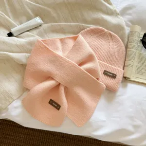 Pink knit beanie and scarf set for women, winter warm cross neck warmer and cute woolen hat.