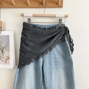 Koreaanse stijl grijze kant gelaagde denim broek mode vrouwen herfst casual heup cover broek