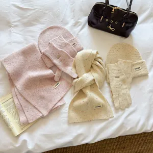 Rose creme mouchete tricot bonnet echarpe gants set hiver chaud mignon style coreen 3 pcs