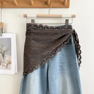 Koreaanse stijl grijze kant driehoek taille wrap rok, veelzijdige herfst winter laagstuk.
