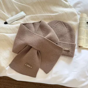Brown knit scarf and beanie set for women, cozy winter cross scarf and warm wool hat.