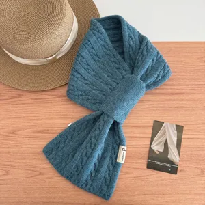 Women winter warm blue cable knit cross scarf soft cozy stylish solid color neck warmer