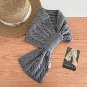 Grey knit cross scarf for women winter warm short neck warmer soft knitted winter scarf.