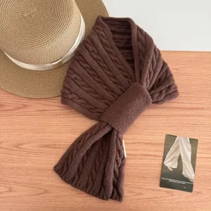 Brown cable knit cross scarf for women, cozy winter thermal neck warmer and fashion wrap.