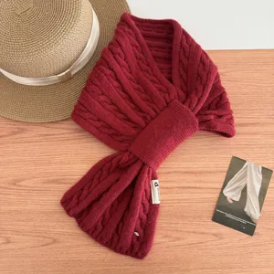 Wine red knitted cross scarf for women, winter warm neck warmer with cable knit design.