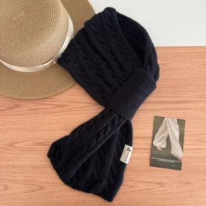 Black cable knit cross scarf winter warm neck warmer minimalist Korean style detail view