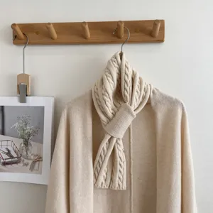 Beige cable knit cross scarf and cardigan set, cozy autumn winter thermal neckerchief.