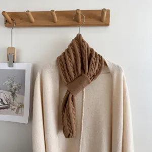 Brown cable knit short scarf for women, cozy winter neck warmer, stylish accessory.