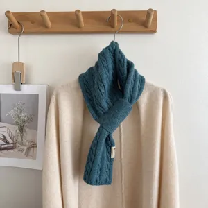 Blue cable knit winter small scarf for women, warm cross neck wool neckerchief accessory.