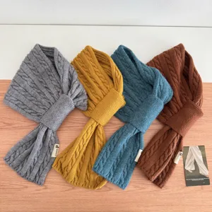 Korean style chunky knit cross scarf winter warm solid color short neck warmer for women