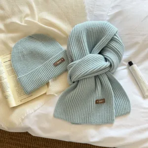 Blue knit beanie and scarf set, thick warm winter ribbed woolen hat and neck warmer.