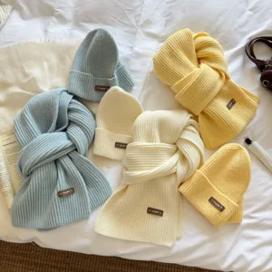 Korean Style Thick Warm Knitted Hat And Scarf Set For Women Winter Solid Color Acrylic Neck Warmer Scarf And Hat Set