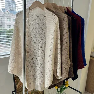 Hollow out diamond knitted cardigan shawl for women, elegant lightweight spring summer outerwear.