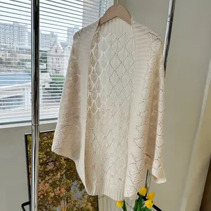 Knitted hollow diamond shawl, elegant open front cardigan, light layer for air-conditioned rooms.