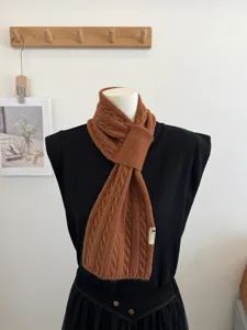 Chunky knit scarf detail, winter warm crossover neck warmer, cozy caramel wool muffler.