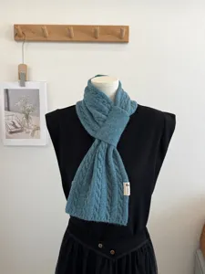 Korean style cable knit scarf for women, warm cross winter neck warmer in solid blue.