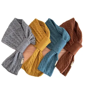 Korean style cable knit scarf women autumn winter warm solid color cross wool neck warmer