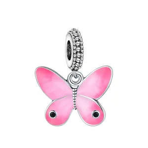 Silver pink butterfly charm pendant for DIY bracelets and necklaces, enamel cute style.