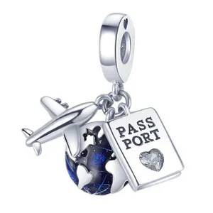Silver travel charm bead with airplane globe and passport design for bracelet DIY jewelry.