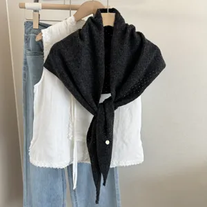 Dark grey knitted hollow shawl scarf detail display, elegant women autumn winter fashion accessory.