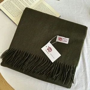 Dark green 100% pure wool scarf with cozy fringes, thick winter warm accessory for couple daily.