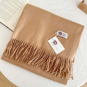 Cashmere feel winter wool scarf solid color warm fringe neck wrap soft detail shot