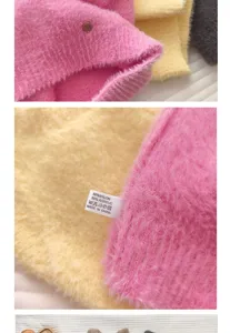 Close-up view of soft knitted fabric detail with washing label showing fabric composition for women.