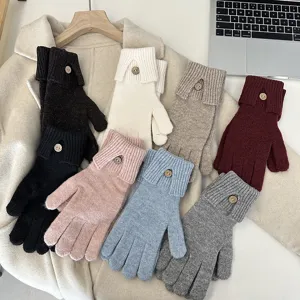Solid Color Warm Knit Gloves For Women Winter Touch Screen Riding Gloves Single Button Fashion Handwear Accessories