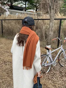 Solid color imitation cashmere winter warm scarf with tassels, versatile daily detail view.