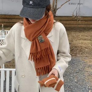 Cozy winter solid color knitted scarf and gloves set, stylish casual fringe design for women.